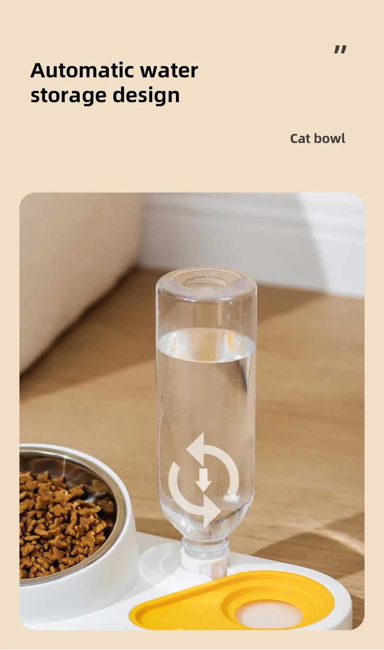 White And Yellow Pet Bowl Set with Automatic Gravity Water Dispenser - Stainless Steel & PP Feeder Station